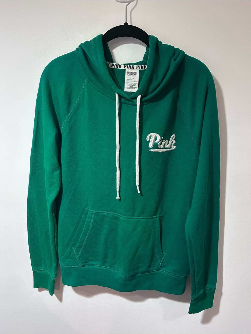 PINK Victoria's Secret Green Pullover Hoodie with White Drawstrings